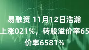 易融资 11月12日浩瀚转债上涨021%，转股溢价率6581%